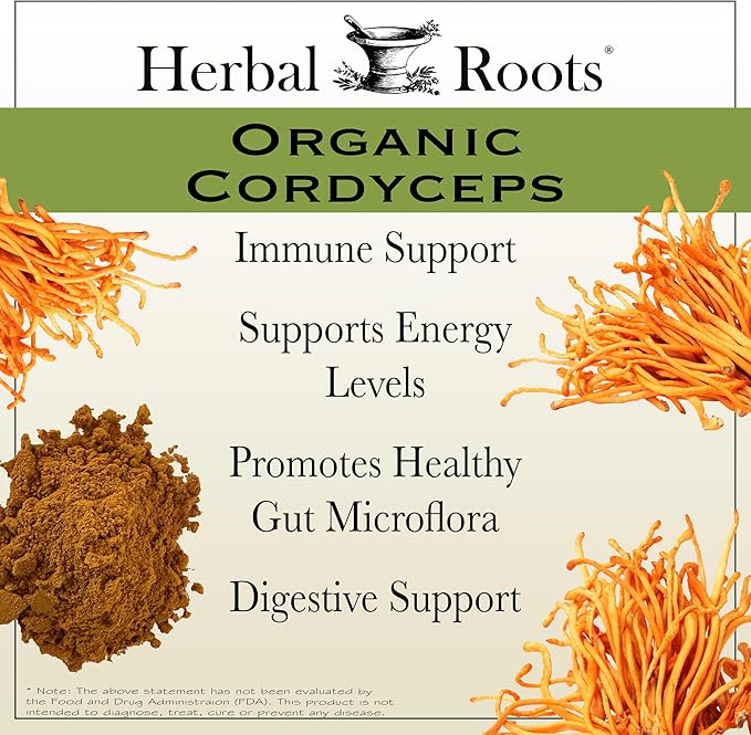 Herbal Roots Organic Cordyceps - Fruiting Body Extract Mushroom Capsules - Immune &amp Energy Support - 60 Vegan Capsules