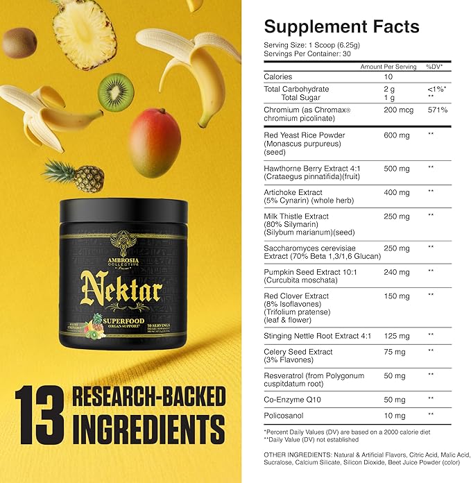 Ambrosia Nektar Superfood Powder | Cycle Support Supplement | Greens Powder Alternative | 13 Superfoods for Liver Kidney and Organ Support | 30 Servings | Fruit Symphony