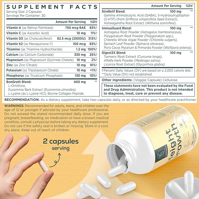 25-in 1 Bone Strength Supplement - for Natural Growth Digestion and Stress - High Absorption - Calcium Magnesium Zinc Ashwaganda and Multivitamins for Age 12+ | 2 Bottles