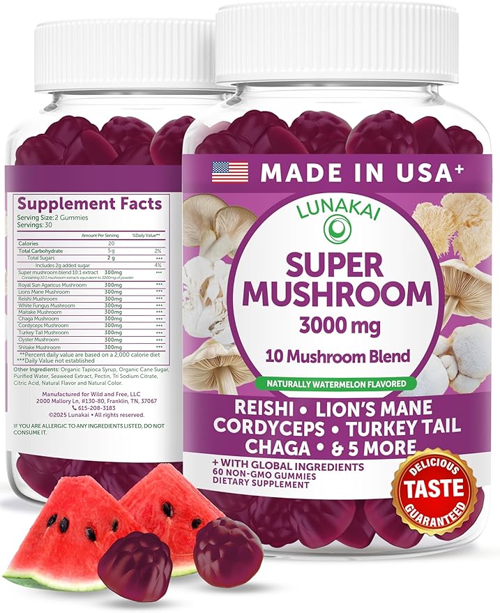 Lunakai USA Made Super Mushroom Gummies for Adults – 10-in-1 Adaptogenic Mushroom Supplement with Lion’s Mane – Daily Focus &amp Brain Support 60ct