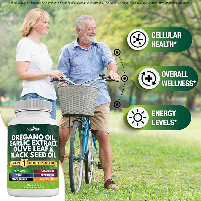 NEW AGE Oregano Oil Garlic Extract Olive Leaf with Astragalus - Supplement for Women and Men - 180 Count
