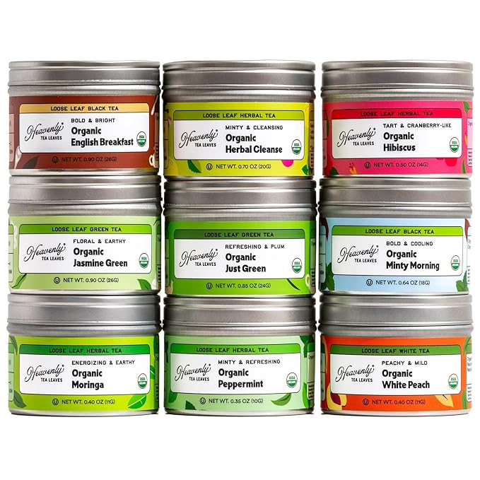 Heavenly Tea Leaves Organic 9 Flavor Variety Pack Loose Leaf Tea Sampler Gift Set (Approx. 90 Cups) | Assorted Green Black White Herbal Teas Premium Whole Leaf Collection Gourmet Box for Tea Lovers