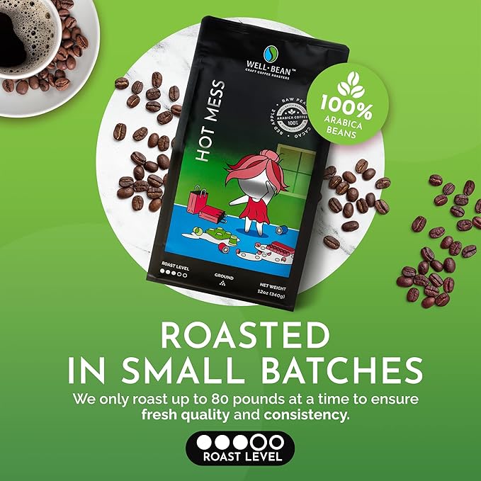Well-Bean Coffee - Hot Mess Ground Coffee Nicaraguan Microlot Coffee Grounds Gluten-Free Keto Coffee Antioxidant Rich Coffee Ground Medium Roasted Coffee 2 lb