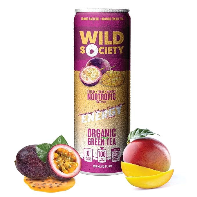 Wild Society Natural Energy Drink + Nootropics (12 pack) - 100mg Organic Caffeine from Green Tea - Zero Sugar &amp Zero Calories - Monk Fruit Sweetened - Clean Ingredients - Fuel Mind - Mango Passion