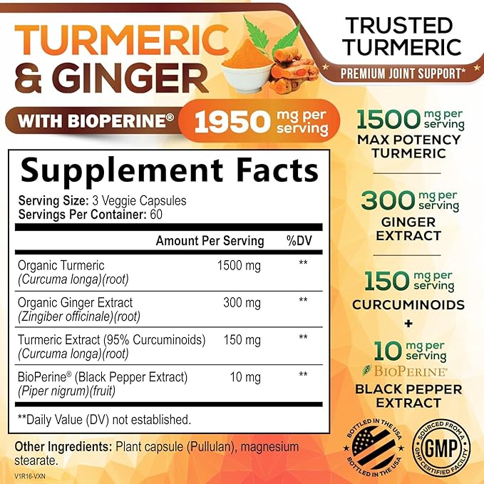 Turmeric Curcumin Supplement - 95% Curcuminoids with Organic Turmeric &amp Ginger BioPerine Black Pepper Extract for Best Absorption Natural Vegan Joint Support Non-GMO Bottled in USA - 180 Capsu