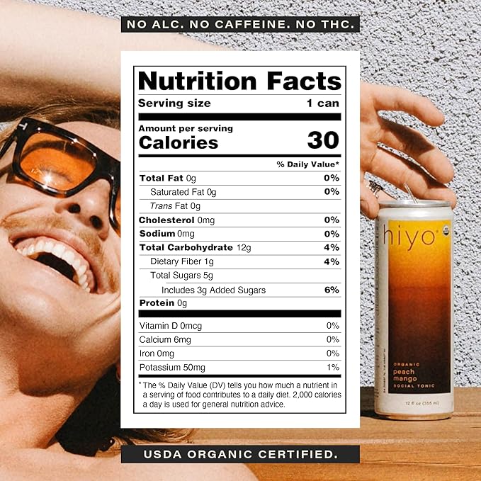 Hiyo Organic Social Tonic - Peach Mango 12 Pack - N.A. Functional Seltzer Sparkling Water Crafted with Organic Adaptogens Nootropics &amp Botanicals
