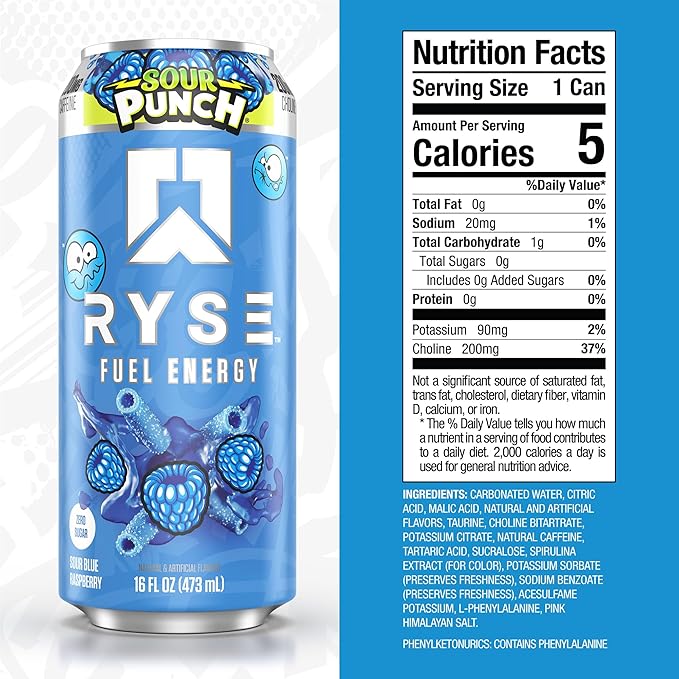RYSE Fuel Energy Drink - Sour Punch Blue Raspberry - Sugar Free Gluten Free &amp Vegan - 200mg Natural Caffeine Taurine &amp Choline for Focus &amp Energy - No Artificial Colors - 16 fl oz Cans (