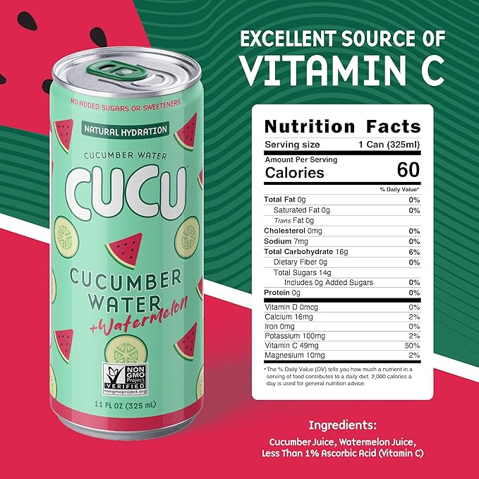 CUCU Pressed Cucumber + Watermelon Water – Real Juice from Fresh Cucumbers and Watermelons with Vitamin C Electrolytes &amp Antioxidants – No Sugar Added Non-GMO – 11 fl oz Cans 12 Pack