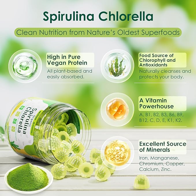 (2 Pack) Organic Spirulina + Chlorella Gummies High in Vegan Protein Chlorophyll Nutrient Dense Green-Blue Algae + Super Greens C &amp D3Zinc B12 for Daily Energy Cleanse Antioxidant and Immu