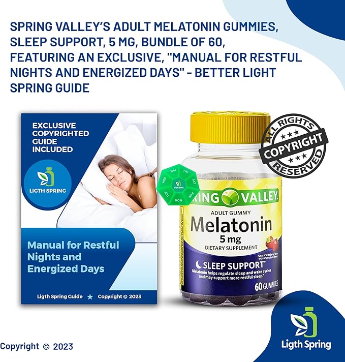 Melatonin Adult Gummies 5 mg Sleep Support 60 Count (2 Pack) with Bundle Exclusive Better Ligth&ampSpring Guide + Weekly Pill Organizer (4 Items)