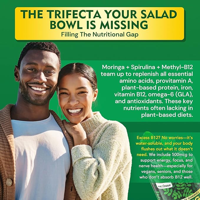Moringa Gummies 1000mg + Spirulina Saffron Ashwagandha &amp Natural Astaxanthin 4 mg | Energy Mood Immune &amp Gut Health Green Superfood | Chewable Moringa Supplement for Women Men Sugar Free