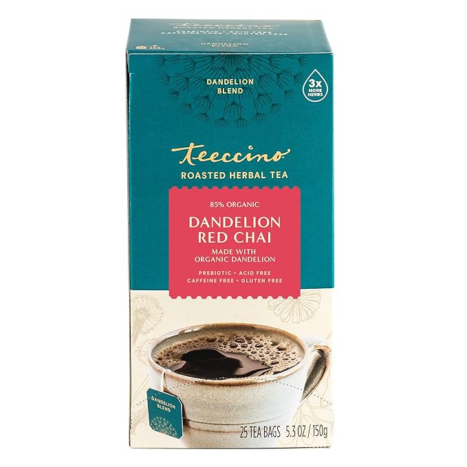 Teeccino Dandelion Red Chai Tea - 25 Tea Bags - Caffeine-Free Roasted Herbal Tea with Prebiotics 3x More Herbs than Regular Tea Bags Gluten Free (Pack of 3)