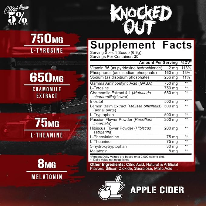 5% Nutrition Rich Piana Knocked Out Natural Sleep Aid | Post-Workout Recovery &amp Deep Sleep Supplement | GABA Melatonin Chamomile Tyrosine 5-HTP &amp More | 7.3 oz 30 Servings (Apple Cider)