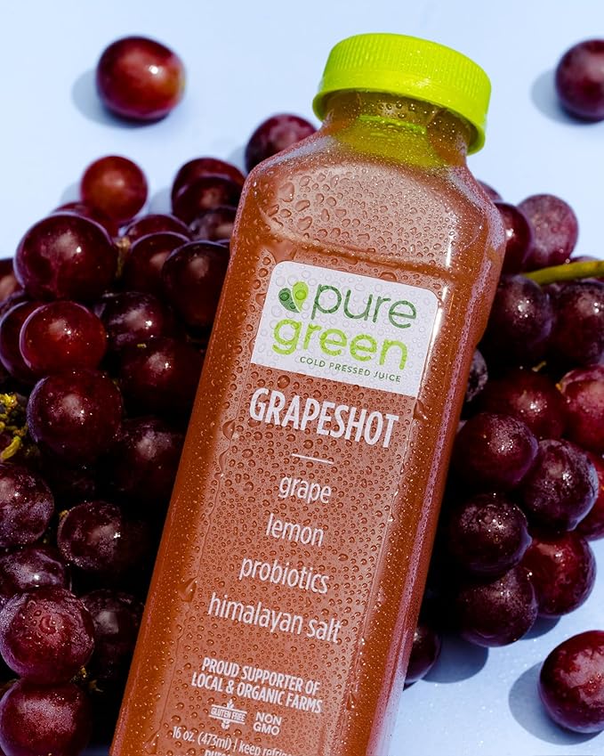 Pure Green Cold Pressed Juice - Grapeshot - Fresh Functional Blend with Grape Lemon Pink Himalayan Salt - Natural Gluten Free Non-GMO No Artificial Colors or Flavors - Made from Real Fruits &amp