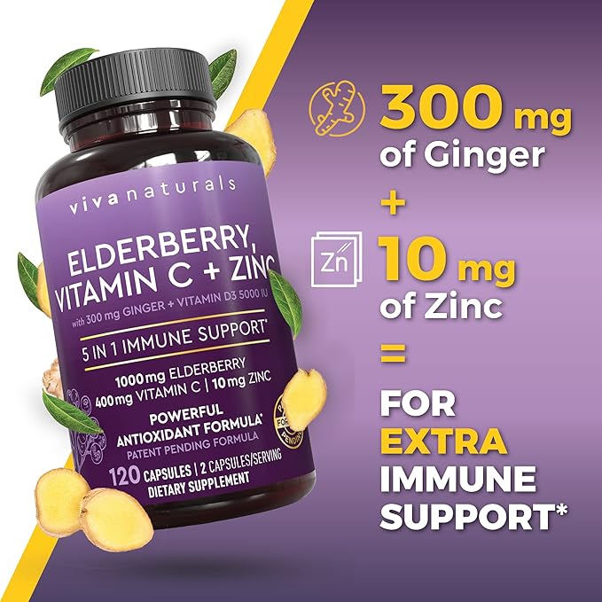 Viva Naturals Elderberry with Vitamin C and Zinc for Adults - 5 in 1 Sambucus Black Elderberry Capsules with Vitamin D3 5000 IU Immunity Supplement Sambucus Elderberry Immune Support Supplement