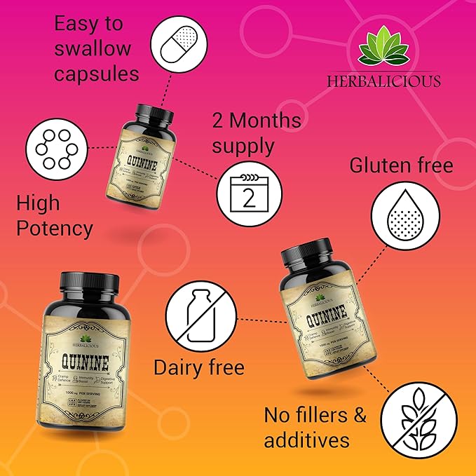 HERBALICIOUS Quinine Capsules - Cinchona Officinalis Bark Herbal Supplement for Muscle Cramp Defense and Overall Digestive Health - All-Natural Quinine Sulfate Pills 500mg per Capsule 100 Tablets