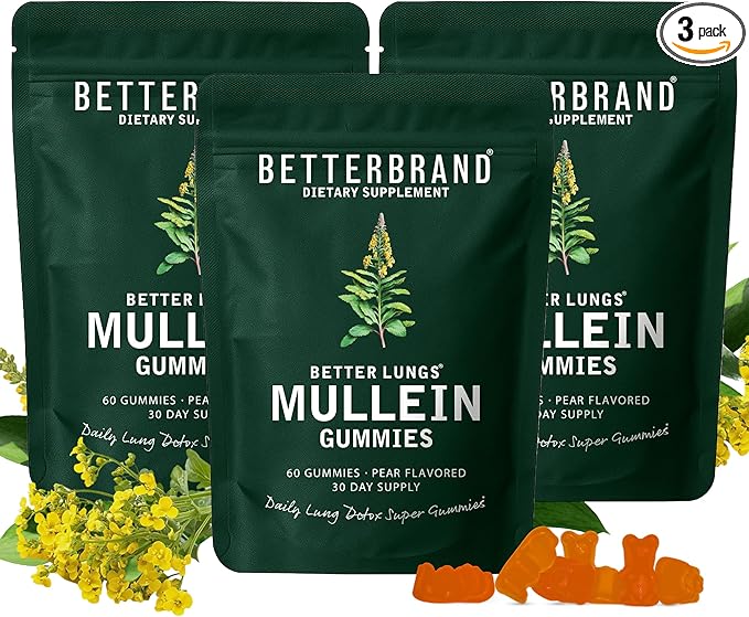 Betterbrand Mullein Chewable Gummies for Lung Cleanse and Detox Respiratory Health Supplement 1000mg Mullein Extract per Serving 180 Gummies - 90 Day Supply - Pear Flavored