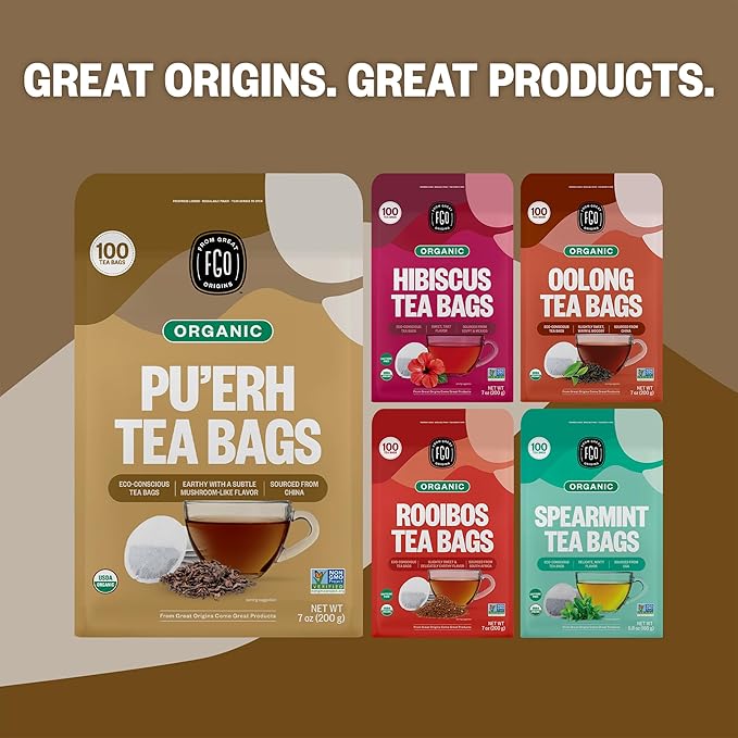 FGO Organic Pu'erh Tea 100 Count Eco-Conscious Black Tea Bags Resealable Bag Packaging May Vary (Pack of 1)