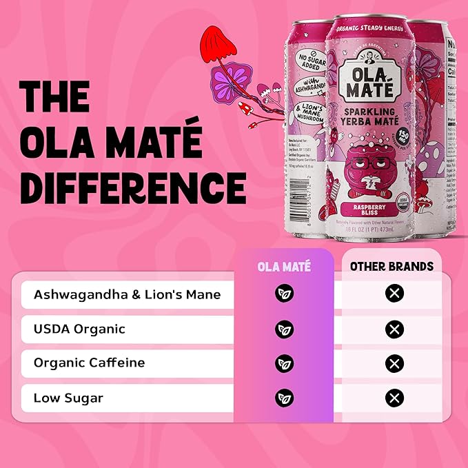 Yerba Mate Energy Drink - Low Sugar Sparkling Tea Cans with Ashwagandha Lion’s Mane USDA Organic Clean Energy Drink with 150mg Natural Caffeine Ola Mate Raspberry
