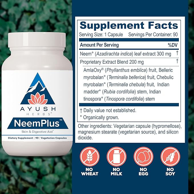 Ayush Herbs Neem Plus - Digestive Health for Women &amp Men Gut Support Supplement for Stomach &amp Skin Health Immune Support - 90 Servings