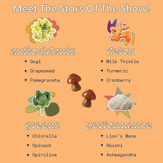 SuperMush Dr. G Daily Greens Gummies - Lion’s Mane Spirulina Chlorella Ashwagandha Prebiotics &amp Vitamins C D Zinc - Sugar Free Greens Gummies for Immunity Gut Health &amp Radiance - Vegan