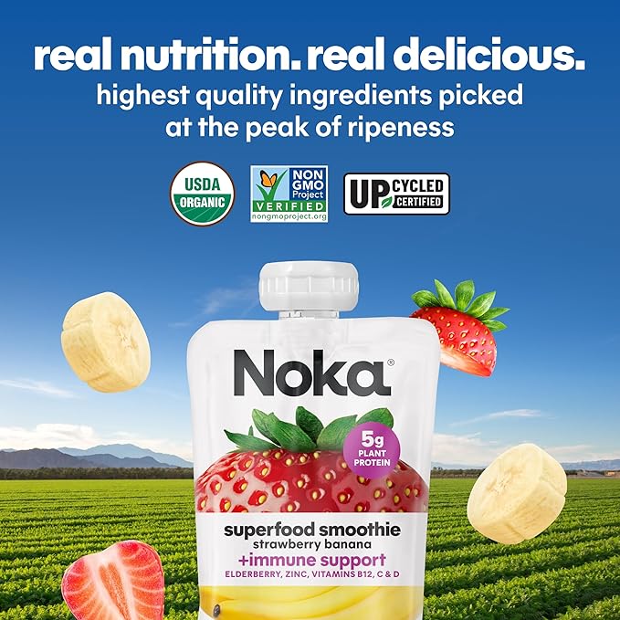 Noka Organic Superfood Fruit Smoothie Pouches Strawberry Banana with Immune Support Healthy Snacks with Elderberry Vitamin C Flax Seed and Plant Protein Gluten Free Vegan 4.22 oz (6 Pack)