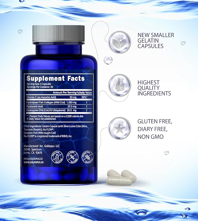 Marine Collagen Peptides Capsules with Hyaluronic Acid Coenzyme Q10 Vitamin C - Preserve Beauty and Youth - Promote Firm Skin Strong Nails&ampHair Healthy Joints 90 Capsules 1 Month Supply