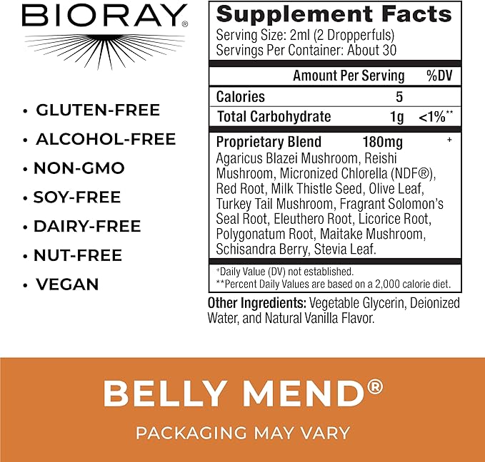 BIORAY Daily Belly Mend - 2 fl oz - 11-Strain Probiotic Blend with Medicinal Mushrooms - Supports Healthy Gut &amp Bowel Functions - Non-GMO Vegetarian Gluten Free