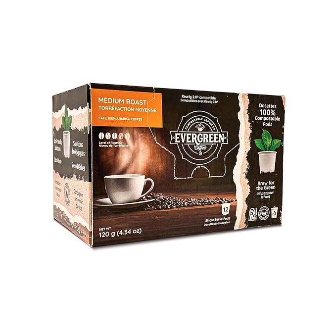 Evergreen Compostable Single Serve Coffee Pods - Medium Roast Medium Blend - 100% Arabica Beans (72 Count)