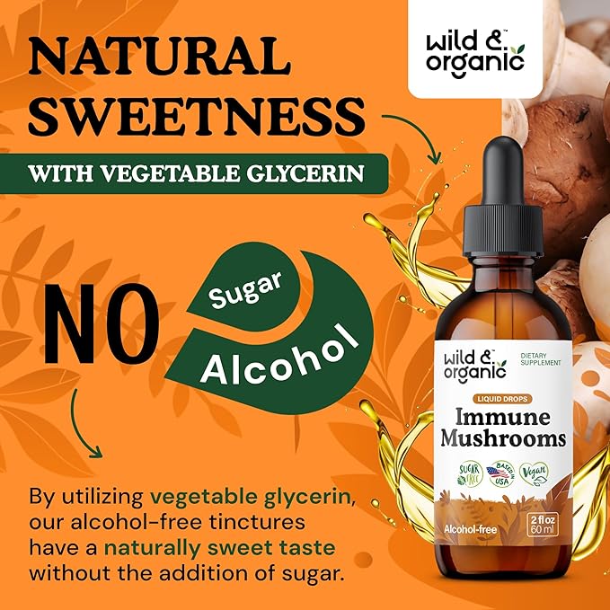 Wild &amp Organic Immune Mushrooms Tincture - 8-in-1 Mushroom Complex with Chaga Turkey Tail Lion's Mane Reishi Extract - Immune Support Drops - Vegan Sugar &amp Alcohol-Free Liquid Supplement -