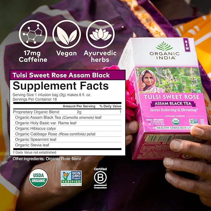 Organic India Tulsi Sweet Rose Assam Black Tea - Stress Relieving &amp Elevating 17mg of Caffeine Per Cup With Ayurvedic Herbs Vegan USDA Organic Non-GMO - 18 Rose Tea Bags (Pack of 3)
