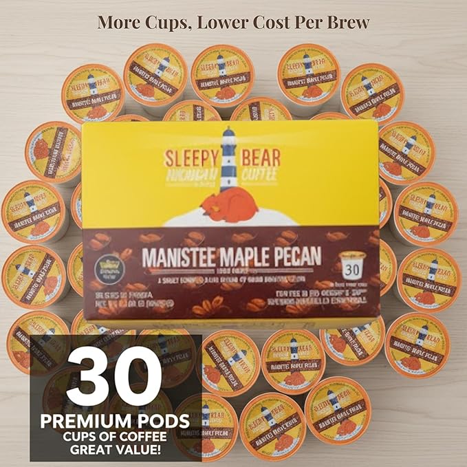 Sleepy Bear Coffee Pods Medium Roast Arabica Rich Flavor Michigan-Made Smooth &amp Sweet No Sugar Added 30ct Pods Compatible with Single-Serve Brewers (Manistee Maple Pecan)
