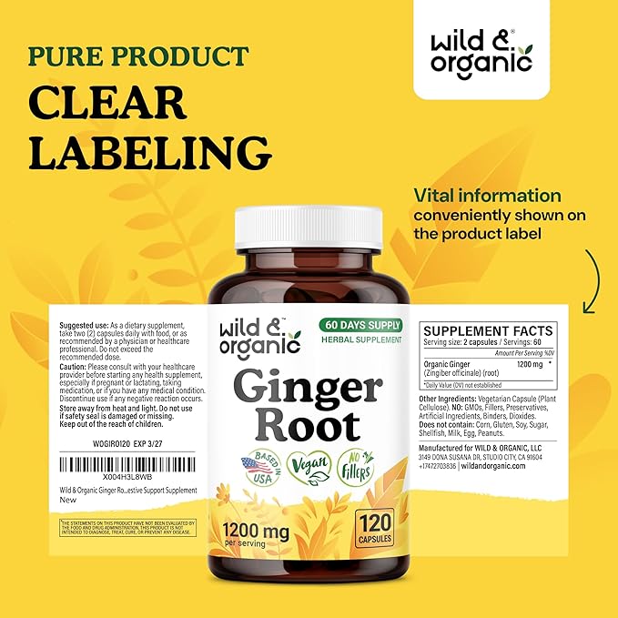 Wild &amp Organic Ginger Root Capsules 1200 mg - Immune &amp Digestive Support - Ginger Root Supplement - Zingiber Officinale Powder - 60 Days of Supply - Vegan No Fillers Non-GMO - 120 Count