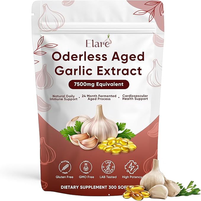 ELARE Aged Garlic Extract - 7500mg Odorless Softgels 300 Organic Garlic Softgels 2-Year Matured Antioxidant Formula Vegetarian Non-GMO All-Natural (1)