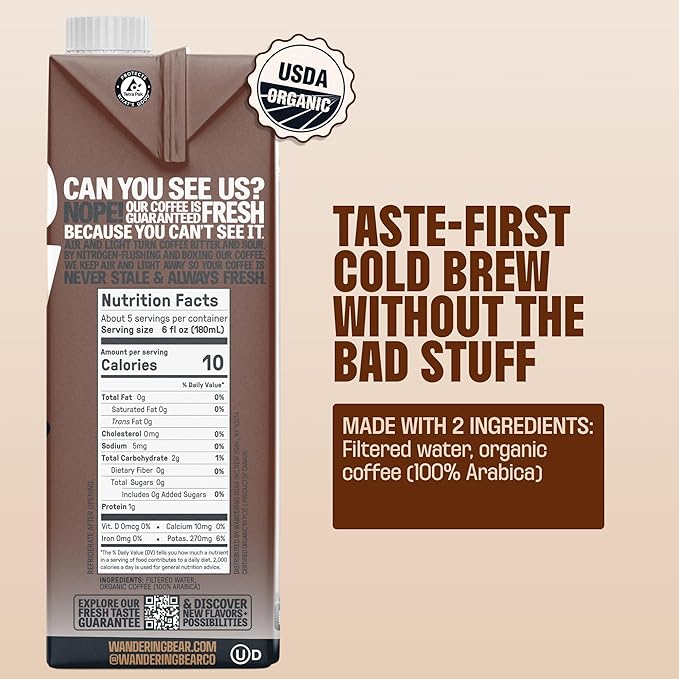 Wandering Bear Espresso Roast Organic Cold Brew Coffee - Extra Strong Bold Smooth No Sugar Added Shelf-Stable Ready to Drink &amp Vegan 100% Organic Iced Cold Brewed Coffee Drink - 32 fl oz 6 p