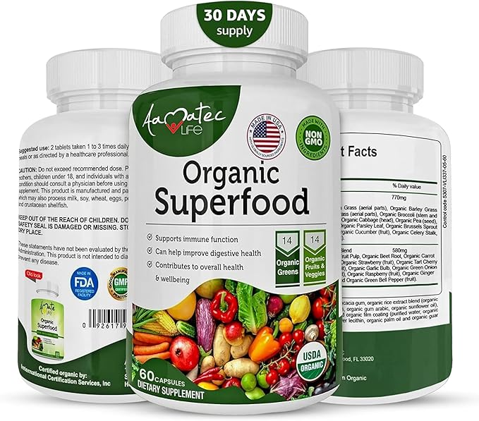 Organic Superfood Greens Fruits and Veggies Complex - Best Dietary Supplement with 14 Greens &amp14 Fruits &amp Vegetables with Alfalfa Rich in Antioxidants Organic Ingredients Non-GMO (180 Count Pa