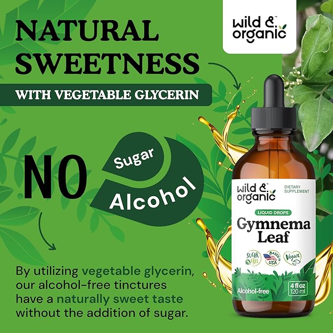 Wild &amp Organic Gymnema Sylvestre Extract Drops - Sugar-Free Gymnema Sylvestre Supplements - Gurmar Powder Based Tincture - Vegan Alcohol-Free Leaf Liquid Drops - 4 fl oz