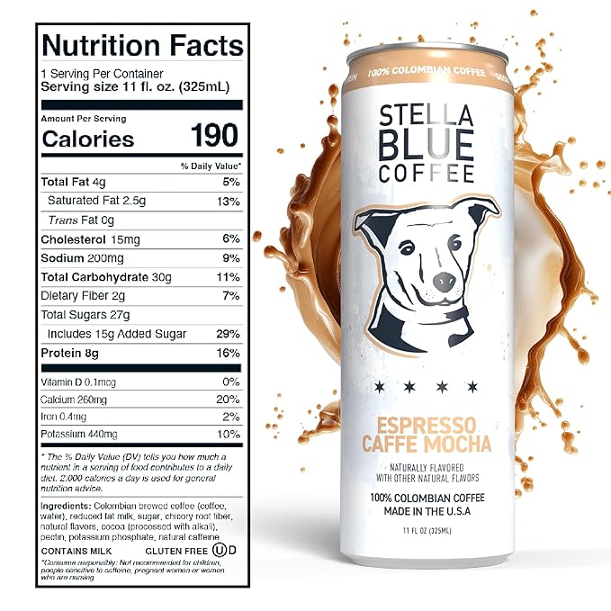 Stella Blue Espresso Caffe Mocha Cans Ready-to-Drink Coffee Energy Beverage 100% Colombian Coffee 190mg Natural Caffeine Gluten Free &amp Good Source of Protein 11oz Can 12 Pack