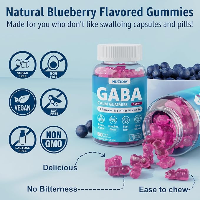 GABA Gummies 500 mg - Sugar-Free Calm Gummies with L Theanine 5-HTP Vitamins D3 B12 Ashwagandha Melatonin-Free for Brain Calm Mood Zzz Better GABA Supplement for Adult Blueberry Flavor 1Pack