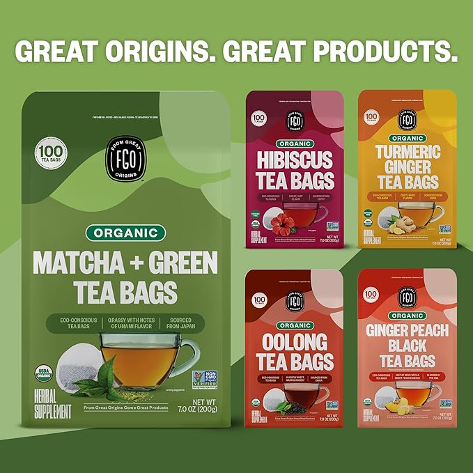 FGO Organic Japanese Matcha + Green Tea 100 Count Eco-Conscious Tea Bags Resealable Bag Packaging May Vary (Pack of 1)