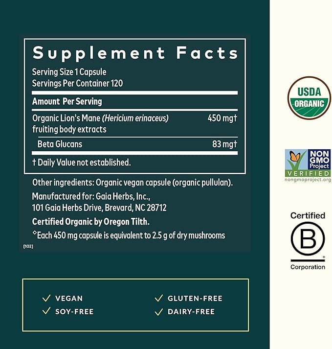 Gaia Herbs Lion's Mane Mushroom - Brain &amp Nerve Health Support* - 120 Vegan Capsules (120 Servings)