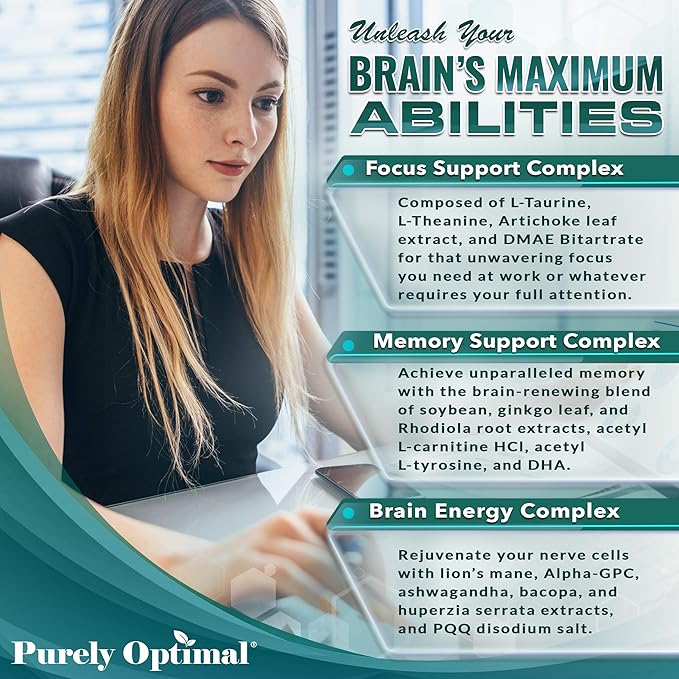 Purely Optimal Brain Booster Nootropic Supplement – Brain Support for Memory Focus Clarity Jitter-Free Energy for Adults Seniors– with Ginkgo Biloba Alpha GPC Lion’s Mane – 60 Capsules