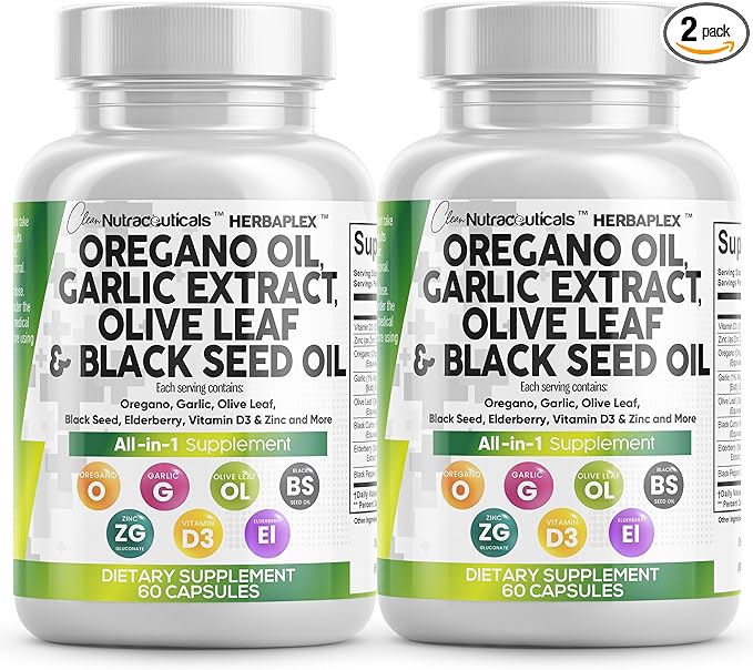 Clean Nutraceuticals Oregano Oil Garlic Extract Olive Leaf Black Seed Oil - Immune Support &amp Digestive Health Supplement for Women and Men with Vitamin D3 &amp Zinc - 2Pack