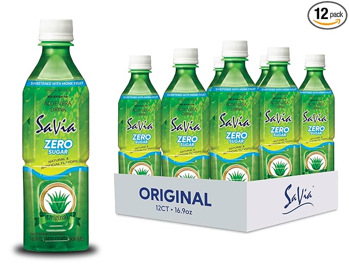 Savia - Zero Sugar Original Aloe Vera Drink Quality Aloe-Based Beverage Made with Real Aloe Pulp &amp Natural Delicious &amp Refreshing Vegetarian Gluten-Free Fat-Free (16.9oz 12-Pack)