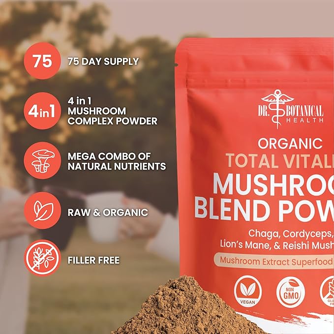 Organic Mushroom Powder Blend - 4-in-1 Reishi Lion’s Mane Cordyceps and Chaga Mushroom Supplement Extract Complex Mushroom Blend Powder for Immune Boost &amp Brain Support Add to Coffee Tea or W