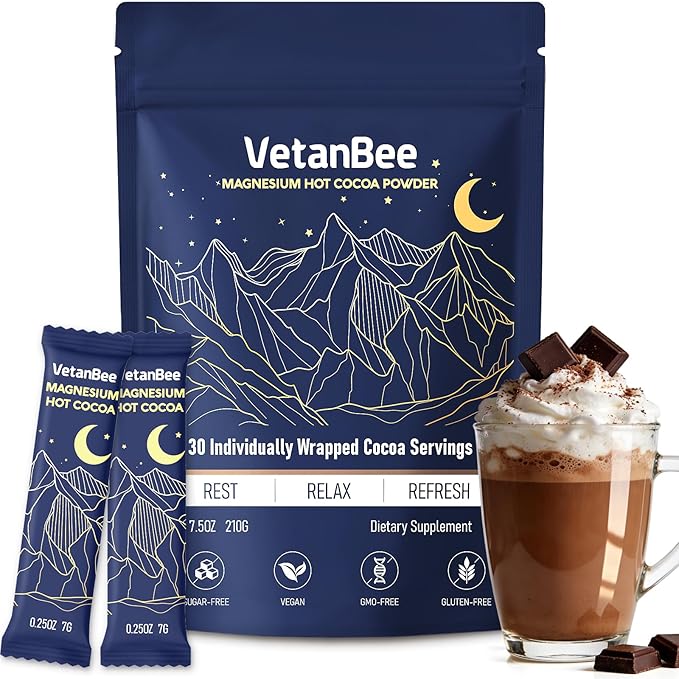 Magnesium Sleep Cocoa Drink – Sugar-Free Melatonin-Free Bedtime Formula for Adults with L-Theanine Reishi &amp Zinc No Caffeine 30 Individually Wrapped Servings