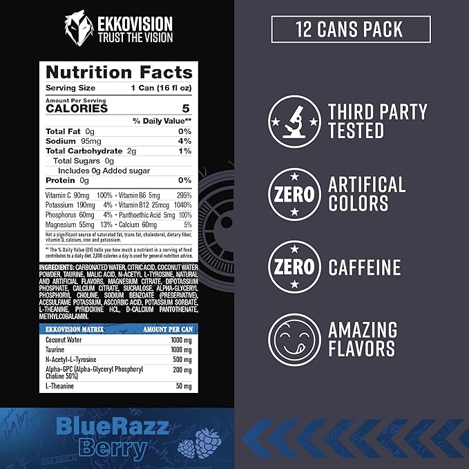 Ekkovision Energy Drink Variety Pack 200 MG Natural Caffeine With Coconut Water L Theanine Alpha Gpc &amp L Tyrosine For Balanced Energy Electrolytes &amp Smooth Hydration 16 Fl Oz Can 12 Pac