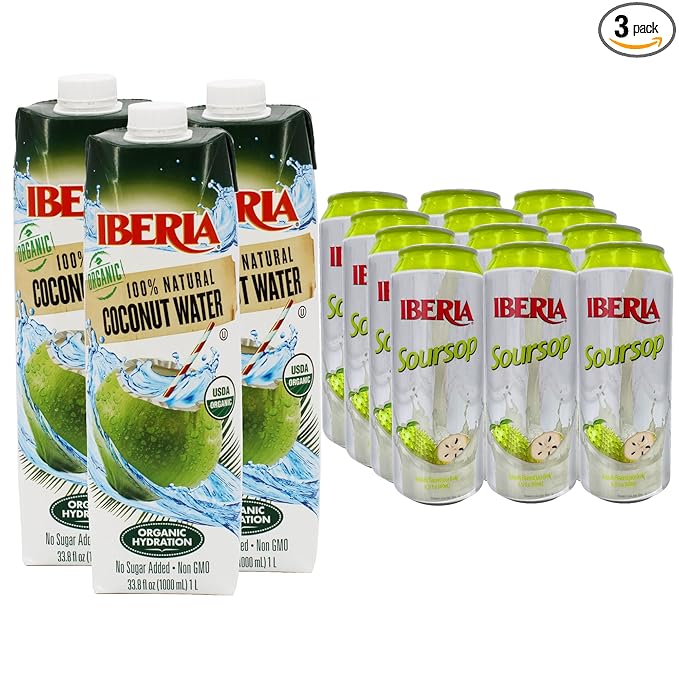 Iberia Soursop Juice Drink 16.57 Fl Oz (Pack of 12) + Iberia 100% Pure Organic Coconut Water 1 Liter 33.8 Fl Oz (Pack of 3)