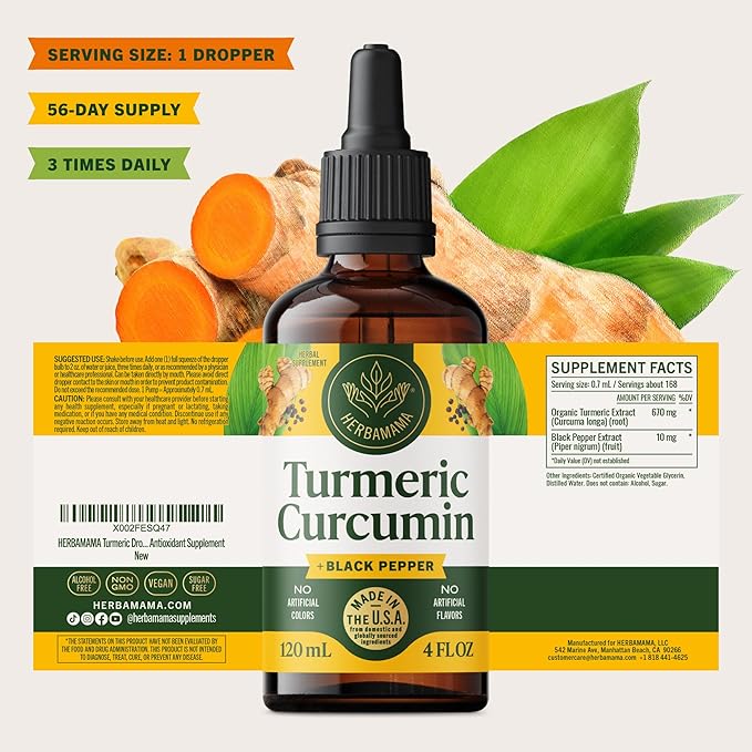 HERBAMAMA Turmeric Liquid Drops - Vegan Immune Digestive &amp Mobility Support with Turmeric Curcumin with Black Pepper Extract - Non-GMO Alcohol &amp Sugar-Free Antioxidant Supplement - 56-Day Su