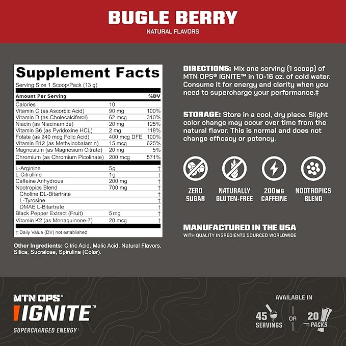 MTN OPS Ignite Energy Drink Powder Gluten Free Nootropic Supplement Drink Mix L Arginine L Citrulline Caffeine &amp Nootropic Sugar Free Drink Mix 45 Servings Bugle Berry